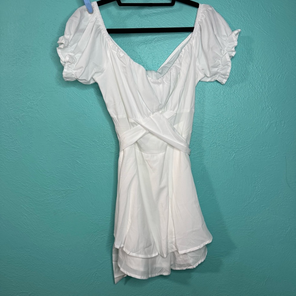 LYANER Women's Off Shoulder Wrap Tie Up Back Ruffle Short Sleeve Romper Bridal